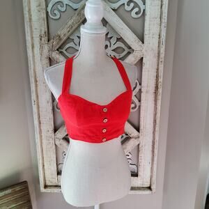 Lunik Women's Smocked Bustier Halter Corset Crop Top in Red